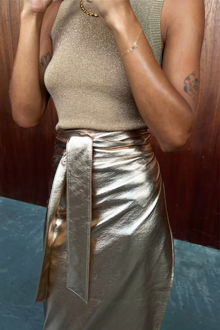 Gold Vegan Leather Wrap Skirt – Jaspre Style Mid-Length Skirt