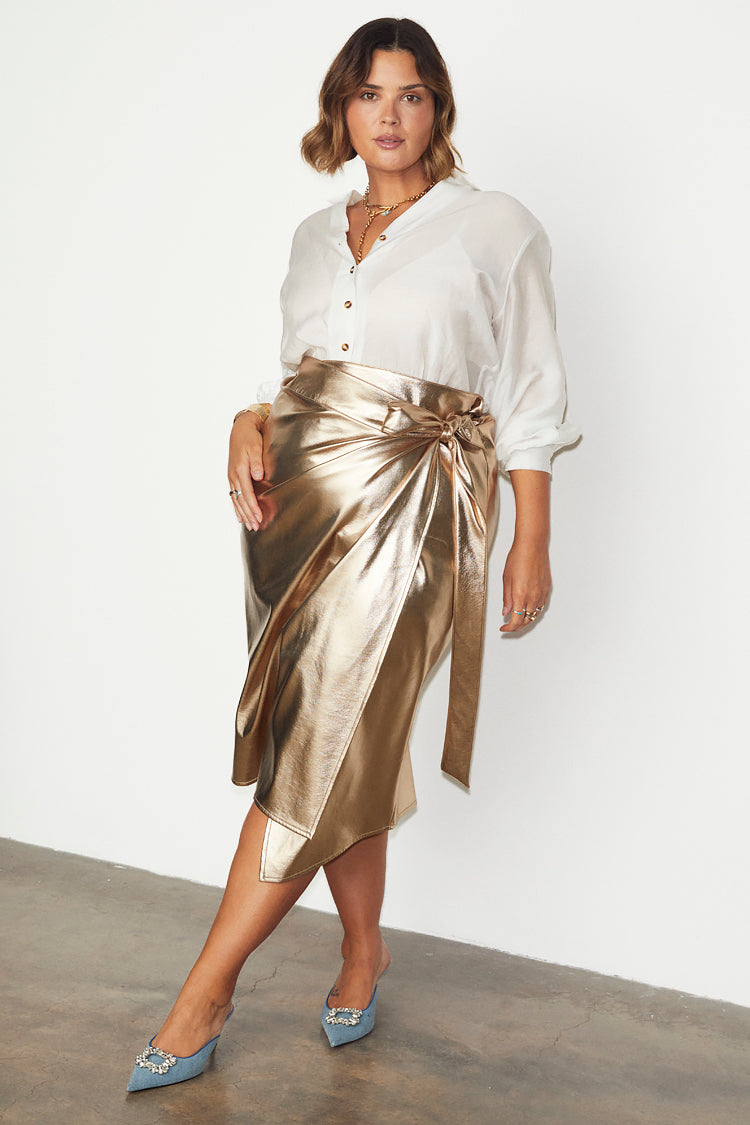 Gold Vegan Leather Wrap Skirt – Jaspre Style Mid-Length Skirt