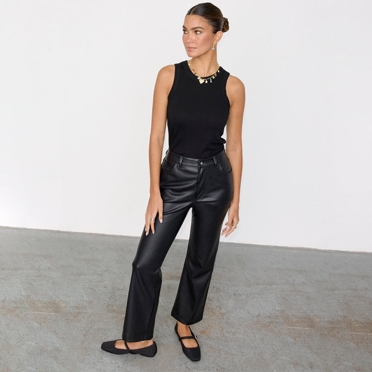 Black Vegan Leather Pants for Petite Women - High Waist Straight Leg