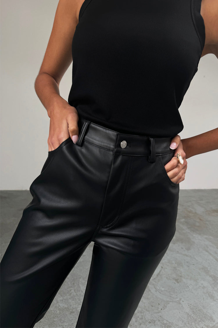 Black Vegan Leather Pants for Petite Women - High Waist Straight Leg