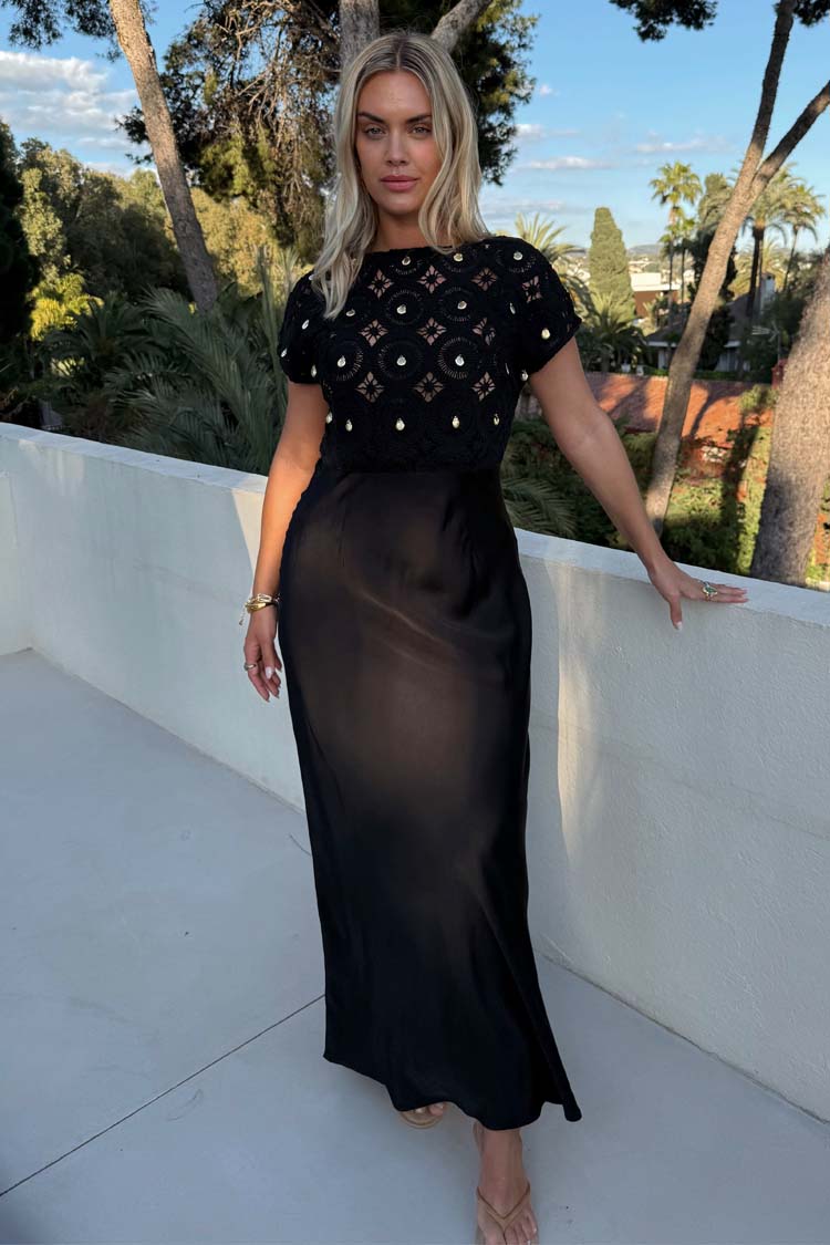 Black Crochet Shell Dress with Satin Trim – Petite Elodie Style
