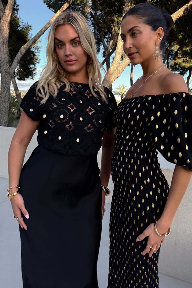 Black Crochet Shell Dress with Satin Trim – Petite Elodie Style