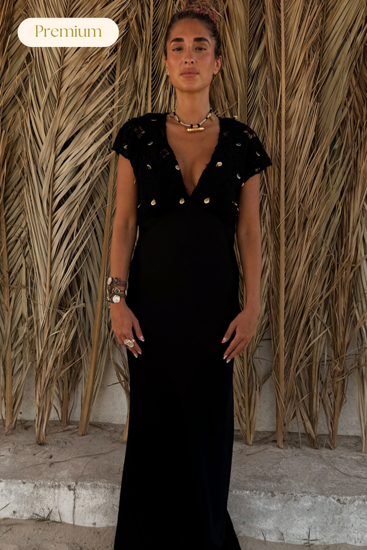 Black Crochet Shell Dress with Satin Trim – Petite Elodie Style