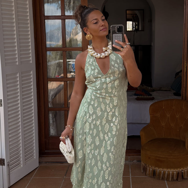 Sage Green Jacquard Maxi Dress for Wedding Guests | Freya