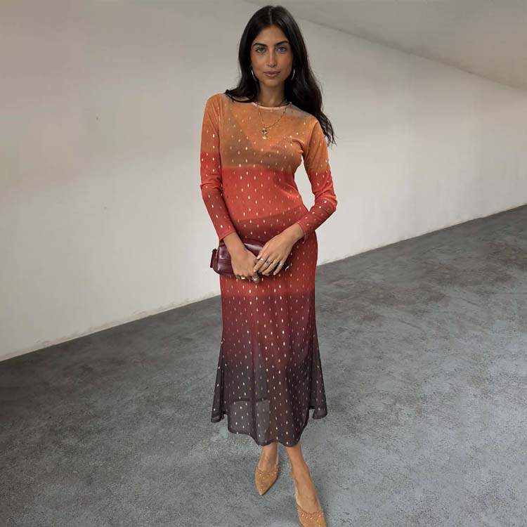 Orange Ombre Mesh Dress with Slip - Petite & Flattering Fit