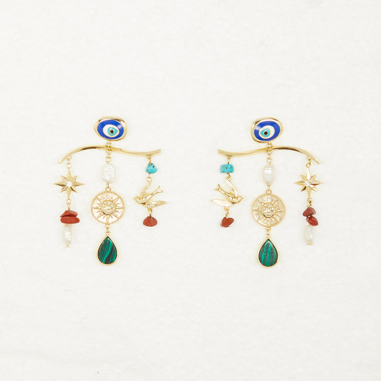 Gold Plated Turquoise Charm Earrings with Balearic Motifs