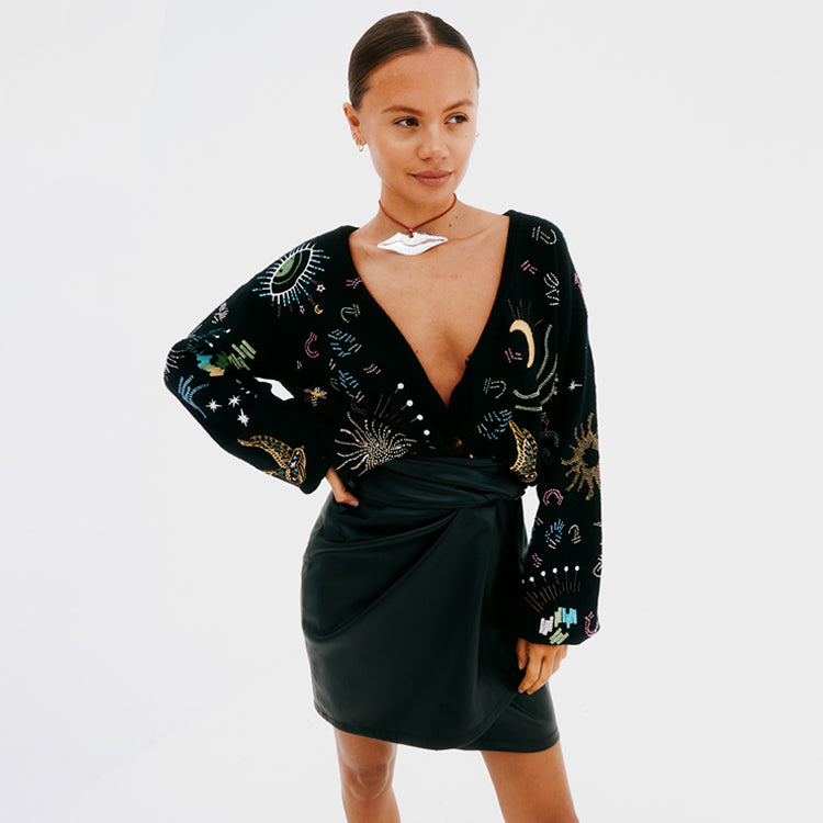 Black Vegan Leather Wrap Mini Skirt for Women - Petite Size
