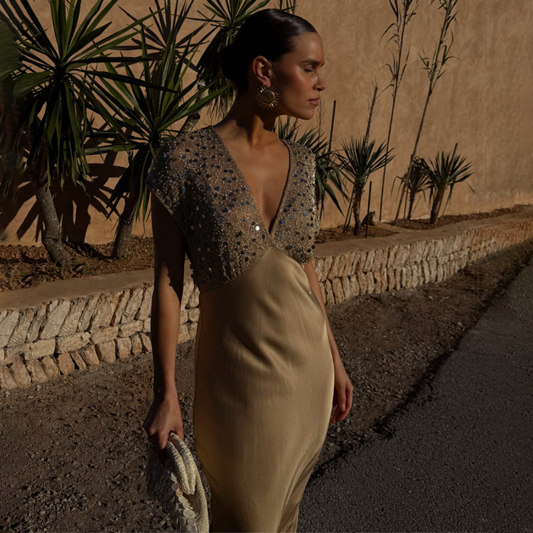 Gold Sequin Elodie Dress for Petite Women - Wedding Guest Outfit