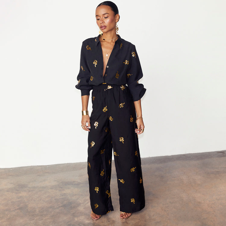 Black Lyocell Wide Leg Trousers with Elastic Waist