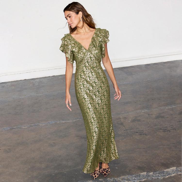 Olive Jacquard Tilda Dress for Weddings & Parties