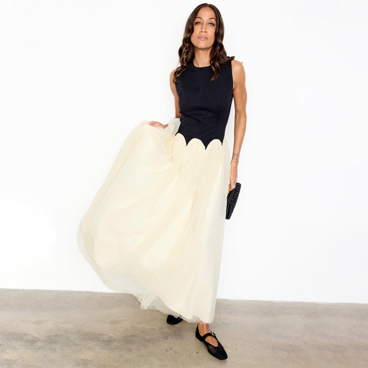 Black and Cream Monika Midi Dress with Corset Top & Tulle Skirt