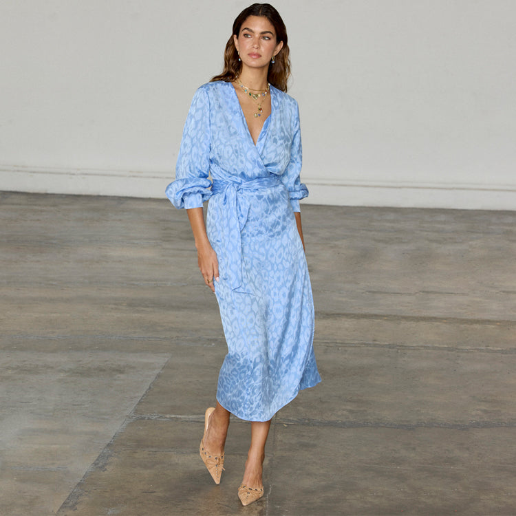 Sky Blue Jacquard Wrap Dress - Breastfeeding Friendly & Adjustable Waist