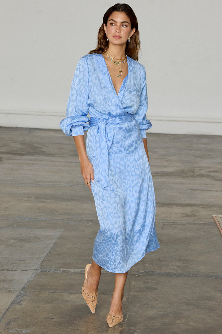 Sky Blue Jacquard Wrap Dress - Breastfeeding Friendly & Adjustable Waist