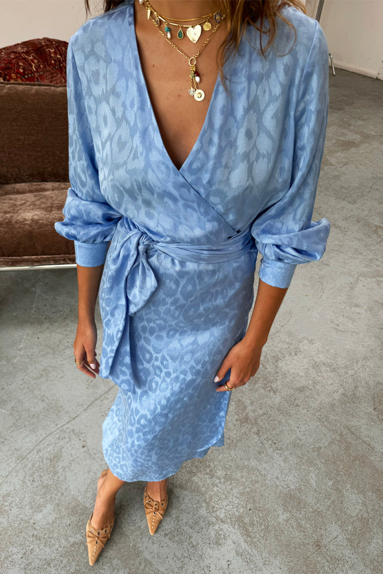 Sky Blue Jacquard Wrap Dress - Breastfeeding Friendly & Adjustable Waist