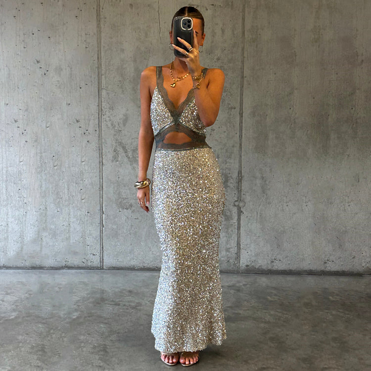 Silver Sequin Mimi Dress with Lace Trim for Date Night