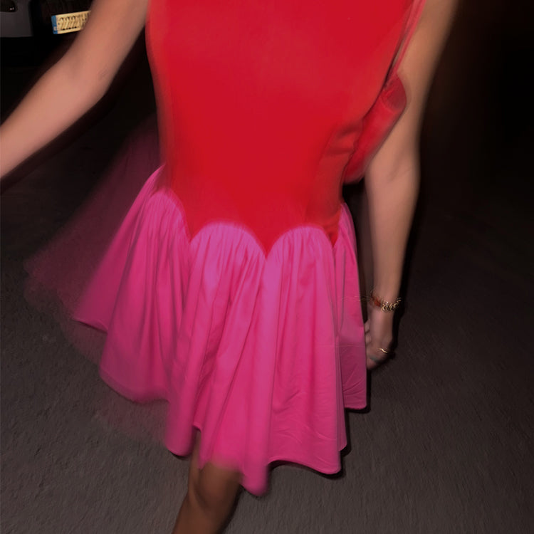Red & Pink Corset Mini Dress with Pleated Skirt