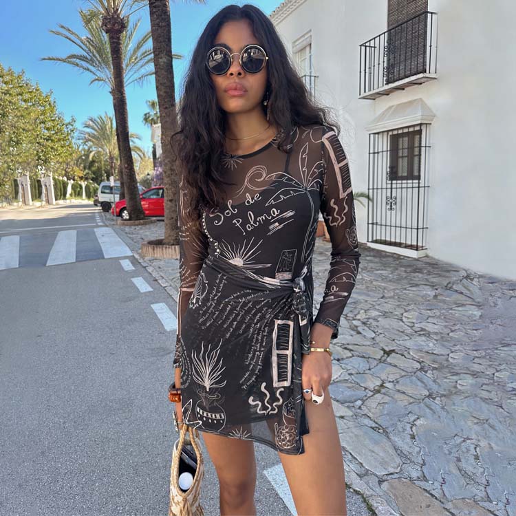 Palma Print Mesh Wrap Mini Dress - Multiwear with Slip