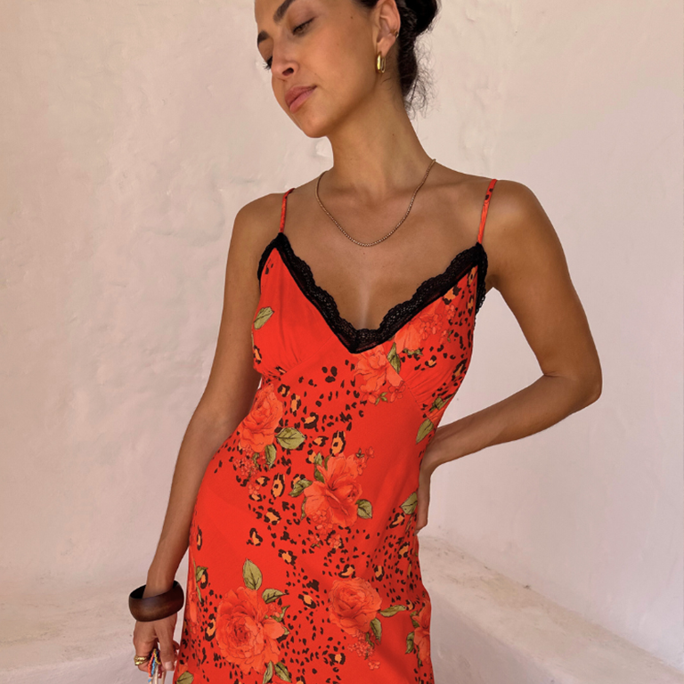 Rosie Slip Dress - Floral Leopard Print, Adjustable Straps, Bias Cut