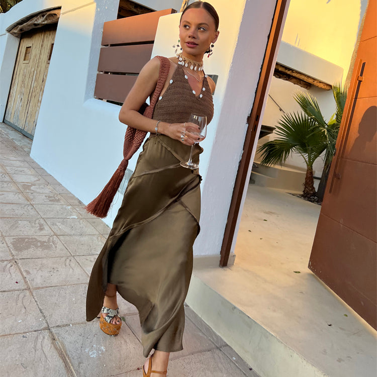 Crochet Shell Embellished Imani Dress with Satin Skirt