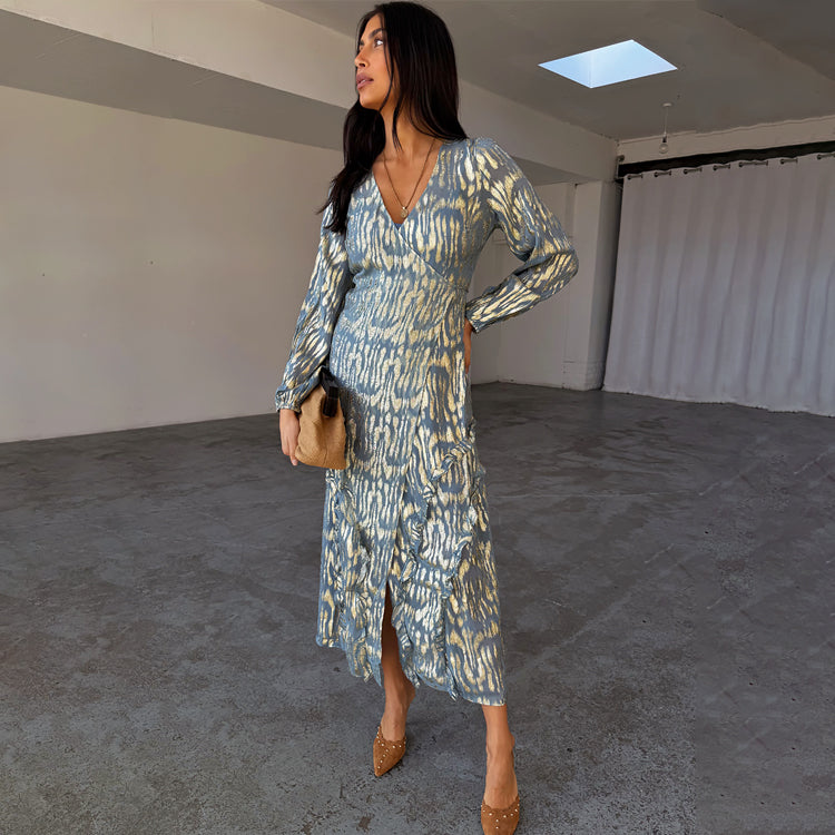 Blue Jacquard Wrap Dress with Slip - Breastfeeding & Bump Friendly