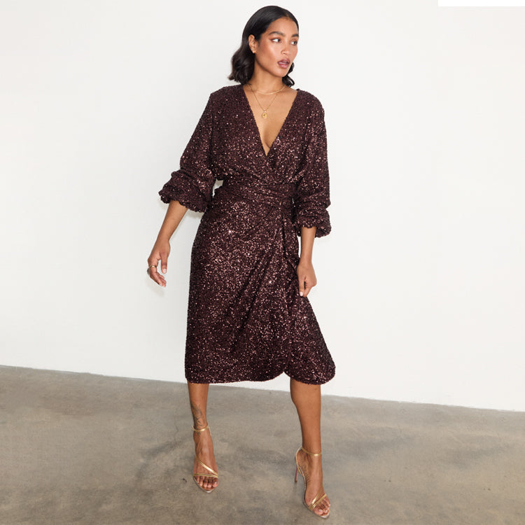 Chocolate Sequin Wrap Dress for Women - Breastfeeding Friendly & Multi-Wear