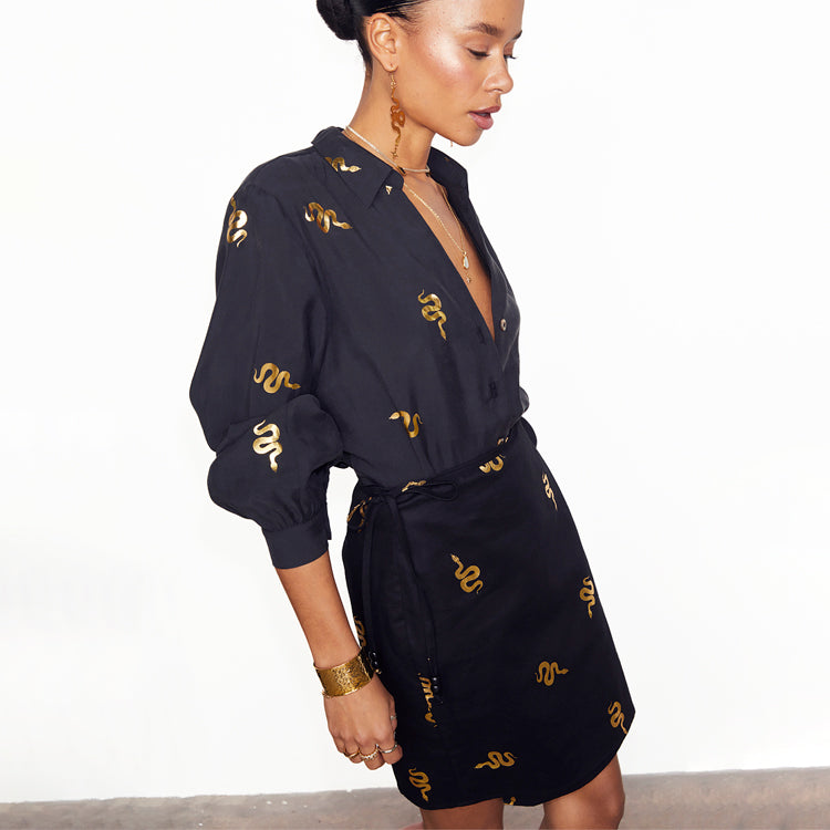 Black Gold Foil Snake Wrap Mini Skirt - Cotton Linen Summer Skirt