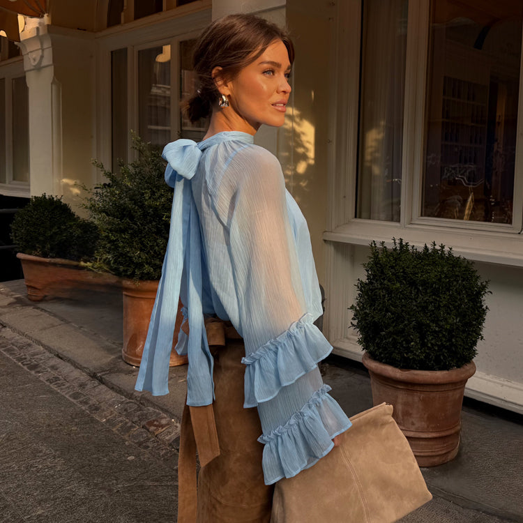 Pastel Blue Elinor Blouse with Neck Tie Detail for Work