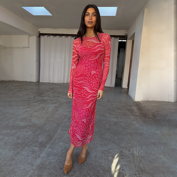 Valentine Pink Floral Animal Print Mesh Dress with Slip