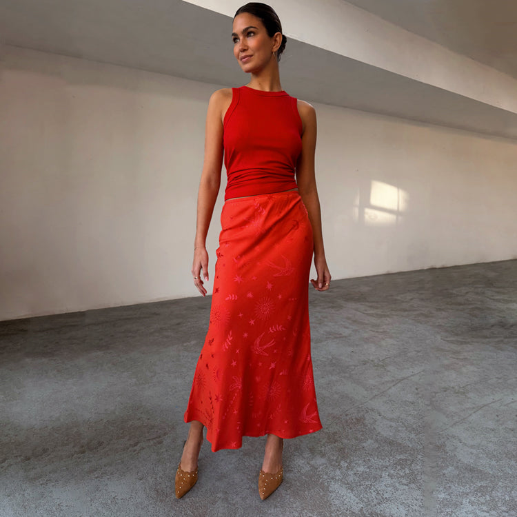 Red Swallow Print Maxi Skirt with Elastic Waist – NFD Romance Collection