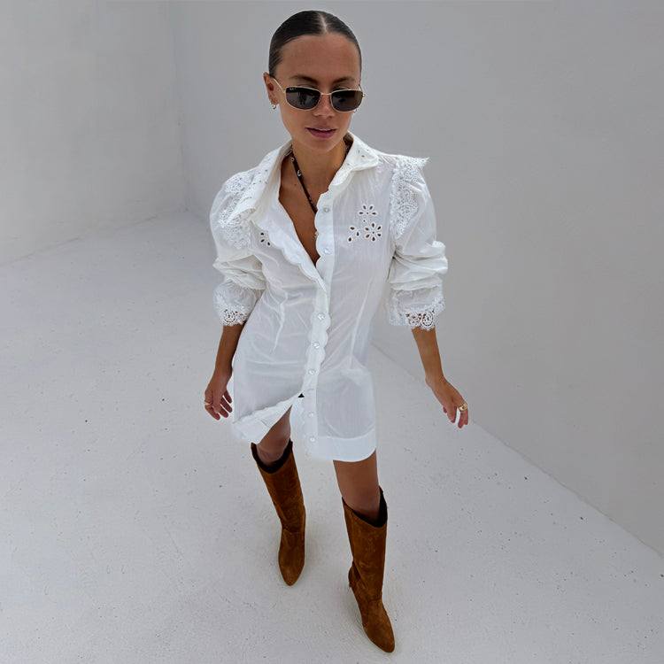 White Cotton Linen Shirt Dress with Broderie Flowers & Lace