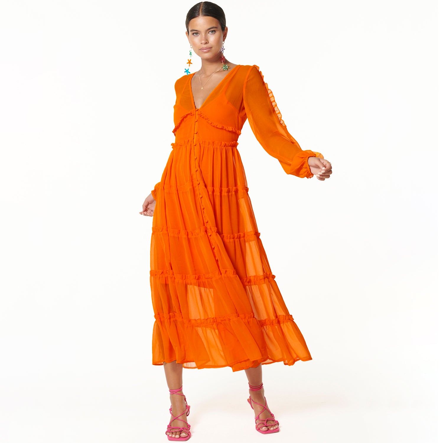Orange Vintage-Inspired Ruffled Tiered Dress with Slip – Maternity Friendly