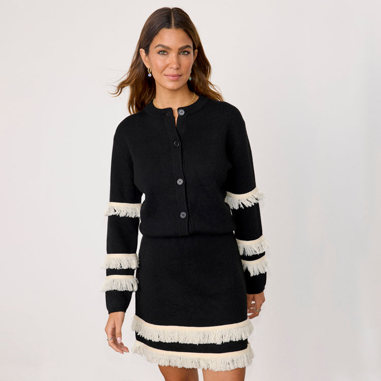 Black and Cream Fringe Cardigan - Western Style Button Down
