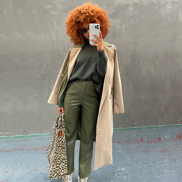 Khaki Vegan Leather Pants - Straight Fit, Cropped Cuff