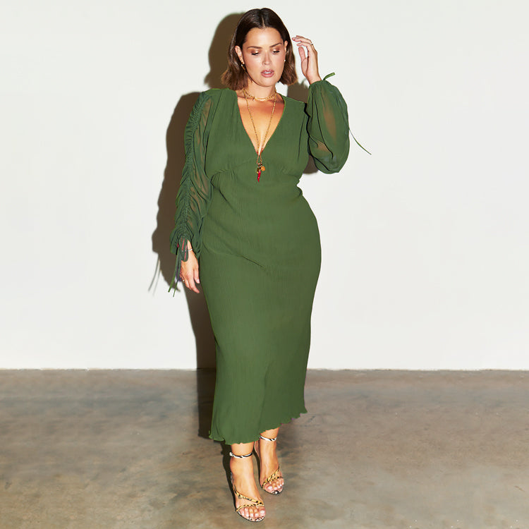 Khaki Plisse Dress with Elastic Waist & V-Neck – Celia