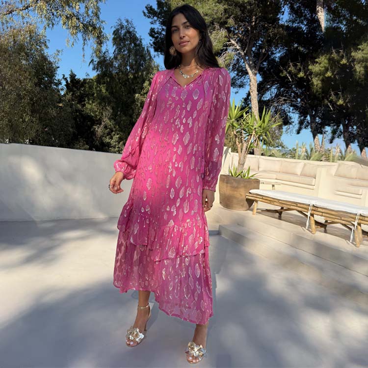 Pink Jacquard Dress with Gold Animal Print & Elastic Cuffs