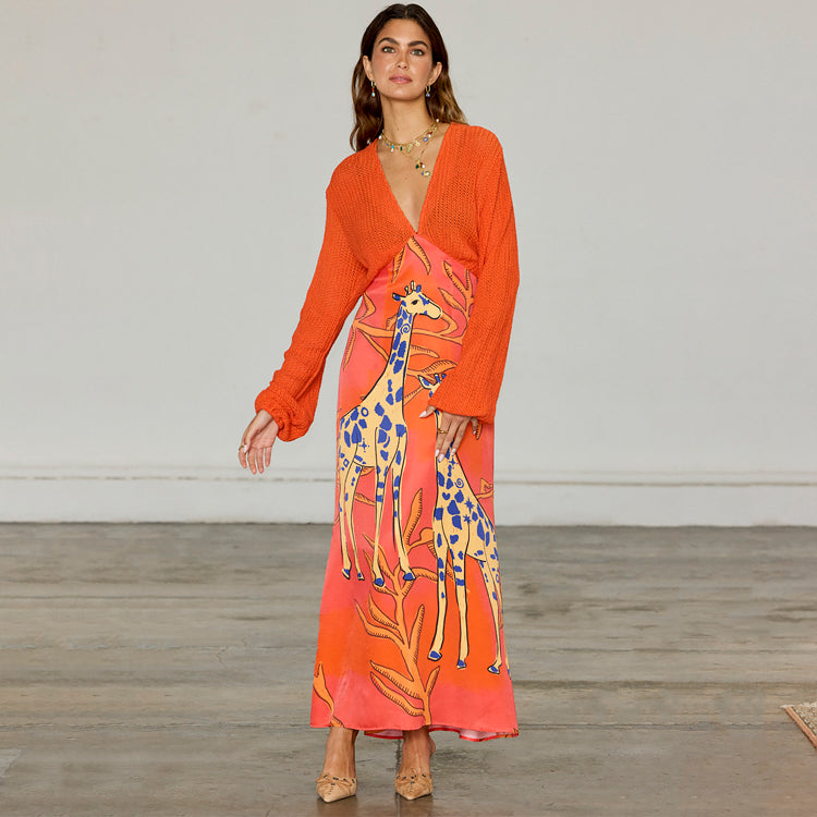 Giraffe Print Orange Dress - EcoVero Viscose & Cotton Crochet