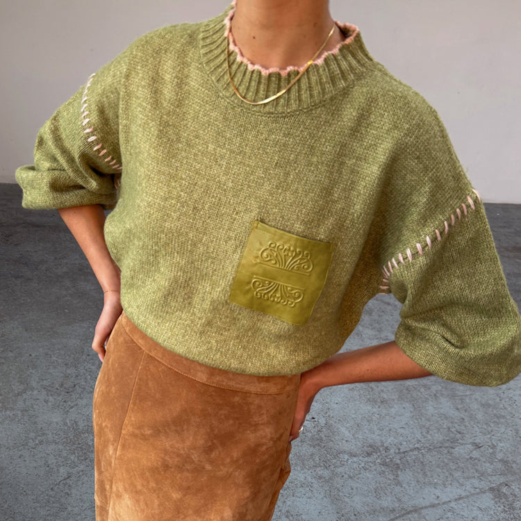 Olive Virgo Knit Jumper with Scallop Edging - Soft Stretch & High Neck