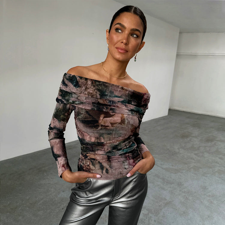 Romantic Off Shoulder Mesh Top - Earthy Tone Diaz Blouse