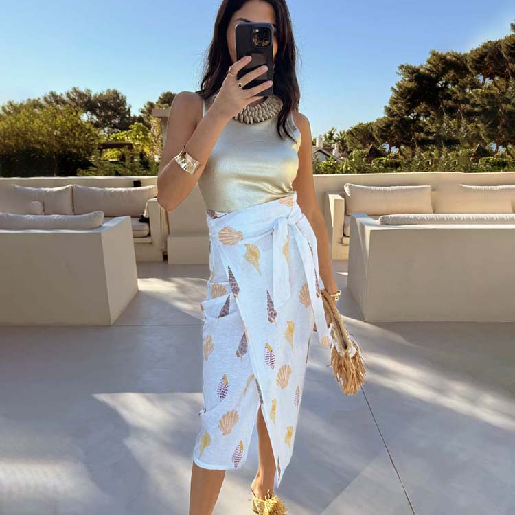 Shell Print Jaspre Wrap Skirt - Cotton Linen Summer Skirt