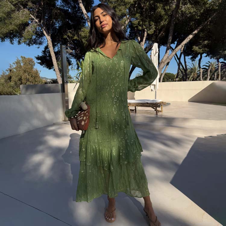 Olive Green Jacquard Print Dress with Gold Details & Elastic Cuffs