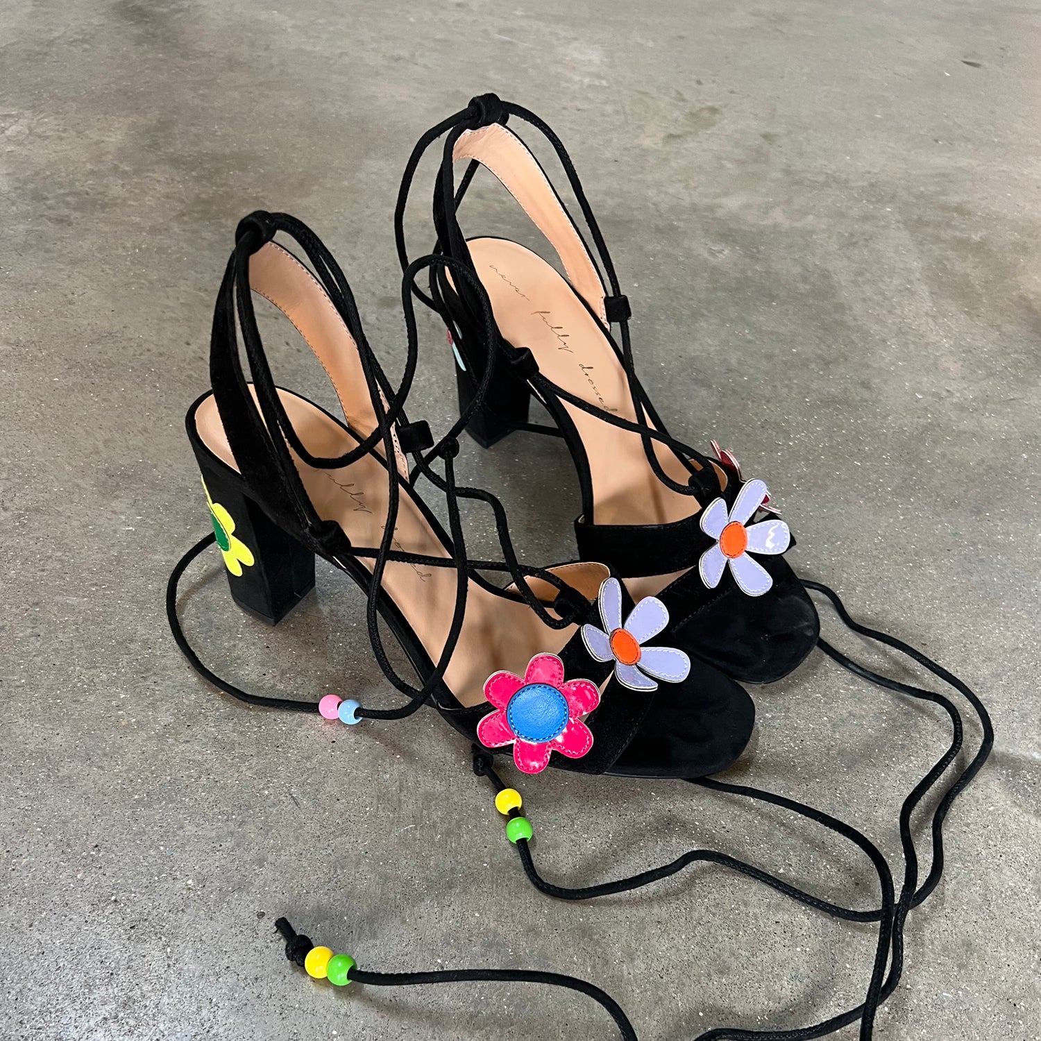 Flower Power Strappy Block Heel Sandals with Beaded Ankle Ties