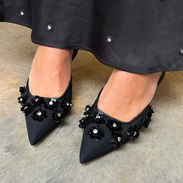 Black Sequin Rose Slingback Heels - 3.5 Inch Pointed Mules