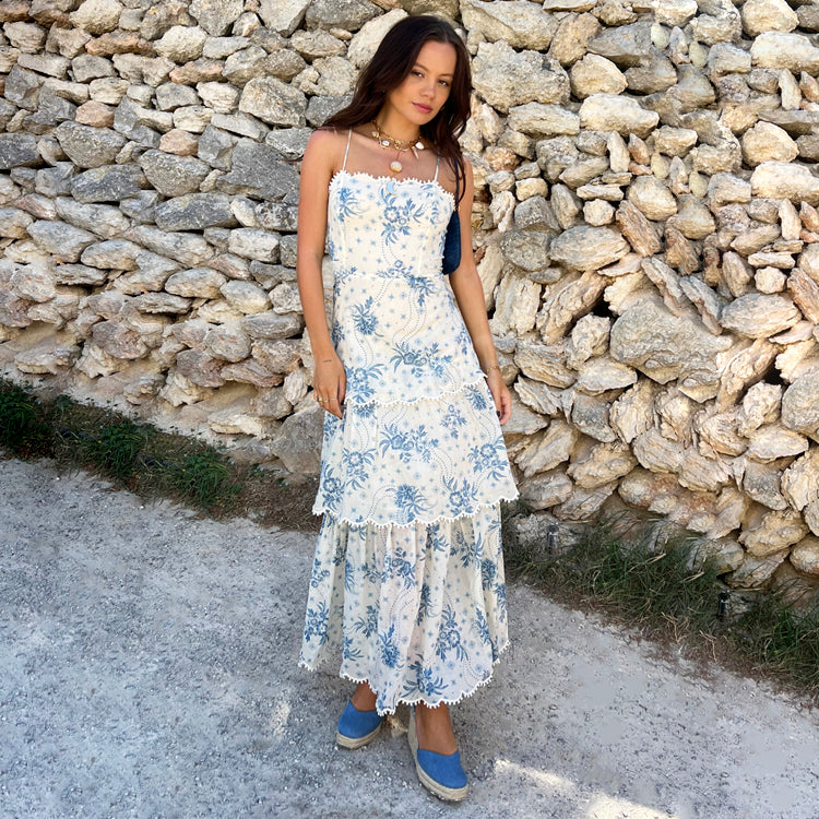 Blue Floral Peony Summer Dress with Adjustable Straps & Back Tie