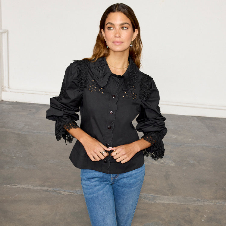 Black Sicily Shirt with Broderie Flower & Lace Embellishments