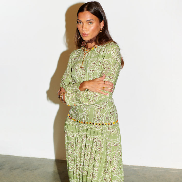 Khaki Bandana Print Viscose Dress with Elastic Waist