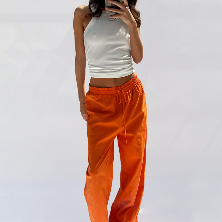 Orange Linen Trousers for Women - Wide Leg Summer Pants with Elastic Waist