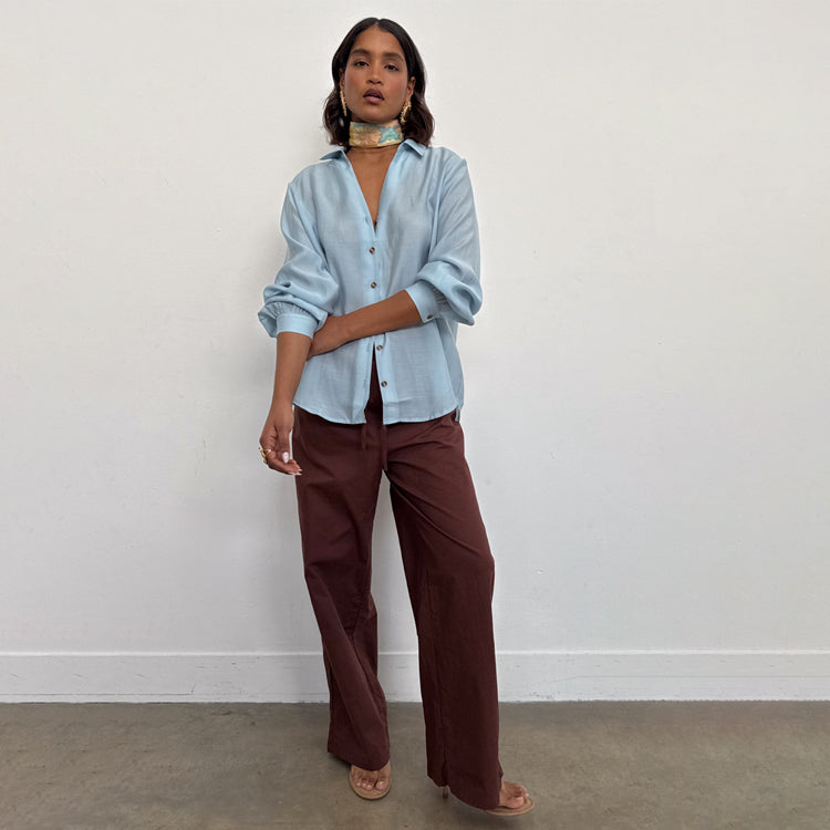 Brown Cotton Linen Wide Leg Trousers with Elastic Waist