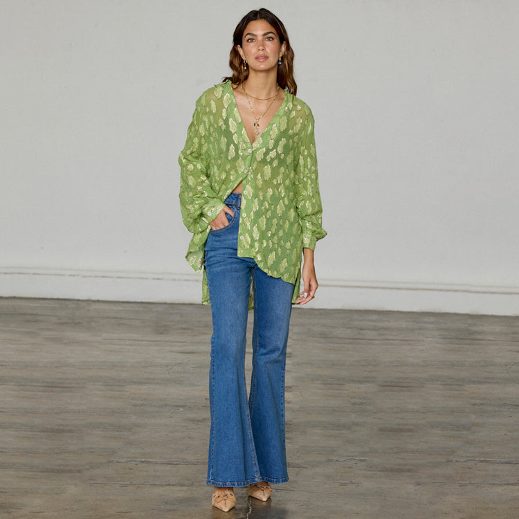Green Jacquard Button-Up Shirt for Women - Breastfeeding Friendly