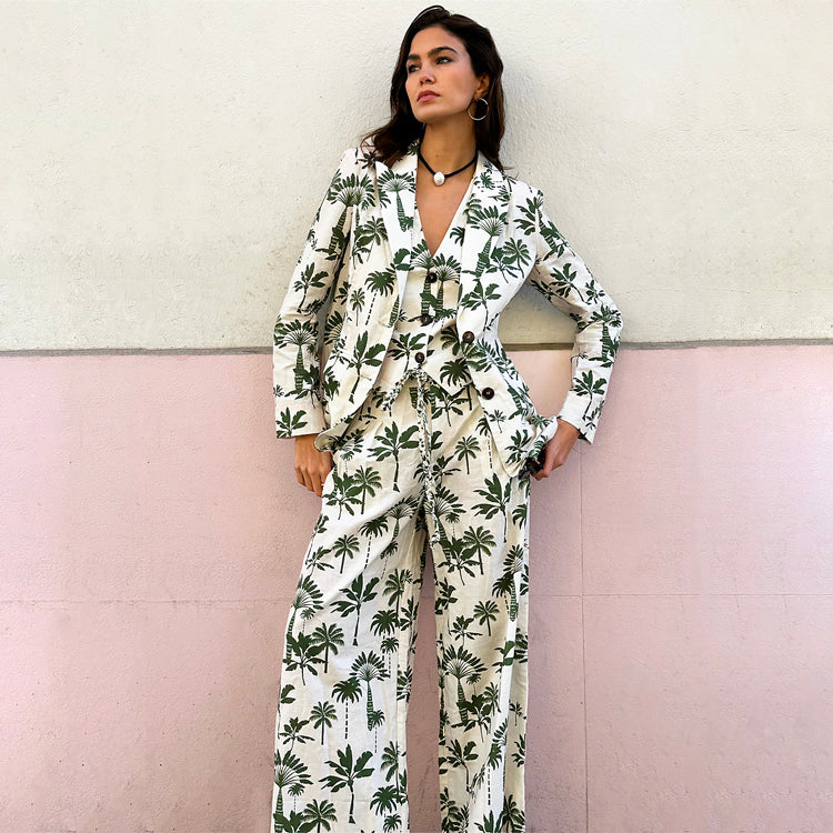 Cream Linen Cotton Trousers with Rope Waist Tie – Green Palm