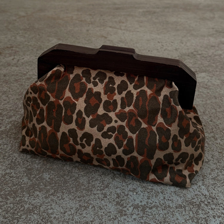 Lucia Leopard Print Denim Clutch Bag with Wooden Handle